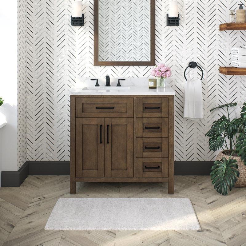 Kahverengi Masif Ahşap Mermer Tezgahlı ve Çekmeceli Banyo Lavabo Dolabı - 92 cm - 200891