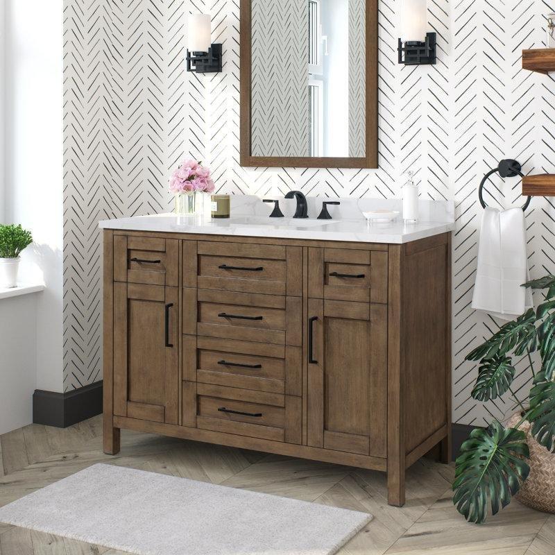 Kahverengi Masif Ahşap Mermer Tezgahlı Yavaş Kapanır Çekmeceli Banyo Lavabo Dolabı - 123 cm - 200678