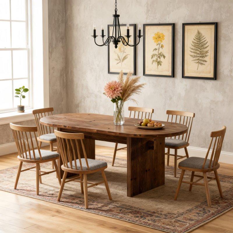 Kahverengi Masif Ahşap Oval Çift Ayaklı Bohem Yemek Masası - 160x80 cm - 237686