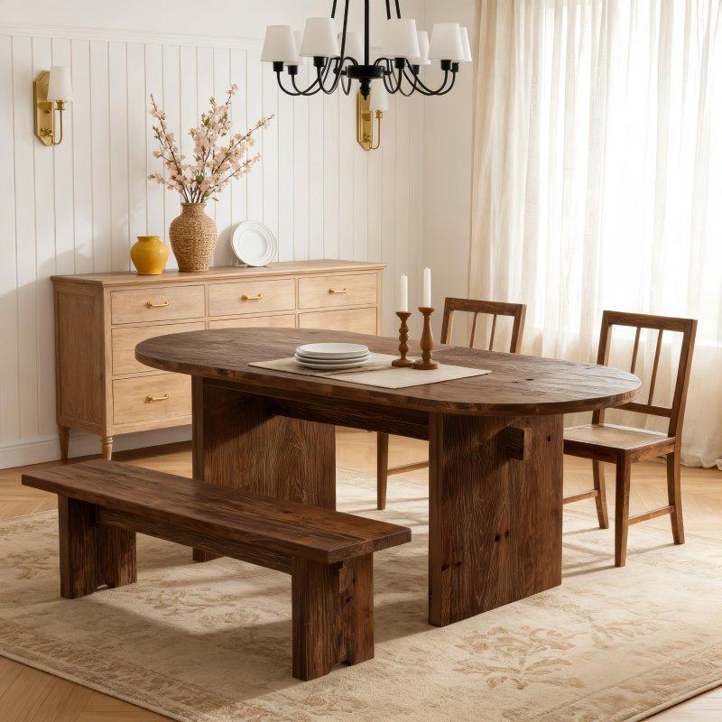 Kahverengi Masif Ahşap Oval Çift Ayaklı Bohem Yemek Masası - 160x80 cm - 237686