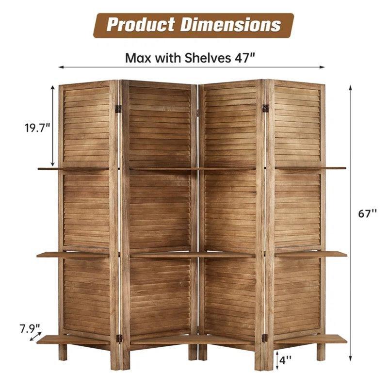 Kahverengi Masif Ahşap Raflı 4 Panelli Paravan - 171x161 cm - 184732