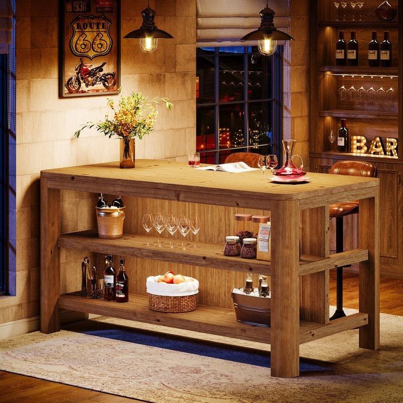 Kahverengi Masif Ahşap Raflı Bar Masası - 161 cm - 231852 Kahverengi Masif Ahşap Raflı Bar Masası - 161 cm - 231852
