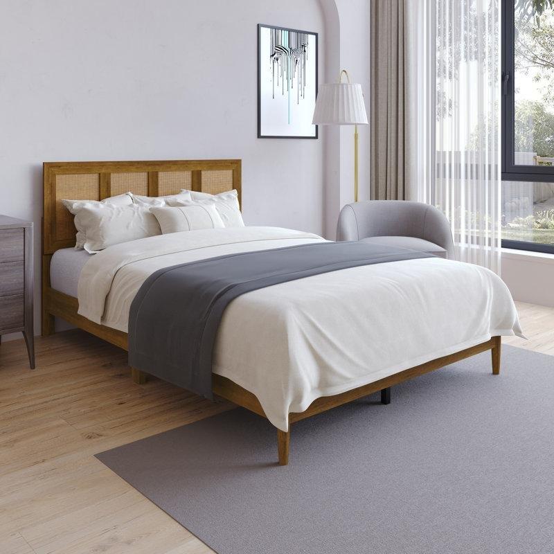 Kahverengi Masif Ahşap Rattan Başlıklı Bohem Platform Karyola - 162 cm - 181958