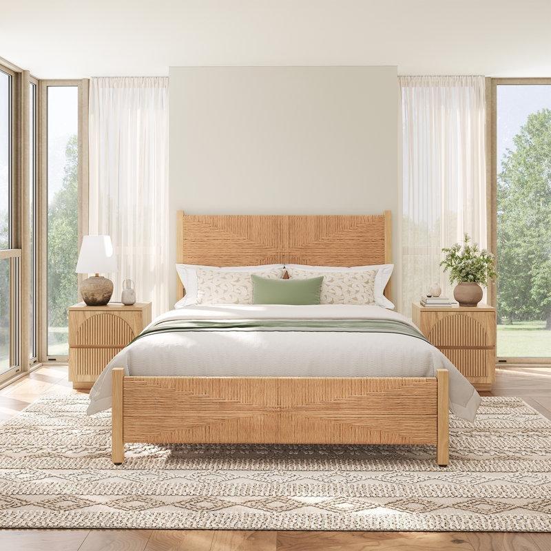 Kahverengi Masif Ahşap ve El Örgüsü PE Rattan Geometrik Desenli Bohem Karyola Queen Boy - 182150
