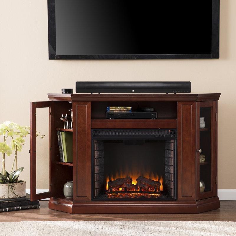 Kahverengi Masif Ahşap ve MDF Elektrikli Şömineli Dolaplı TV Ünitesi - 122 cm - 220604