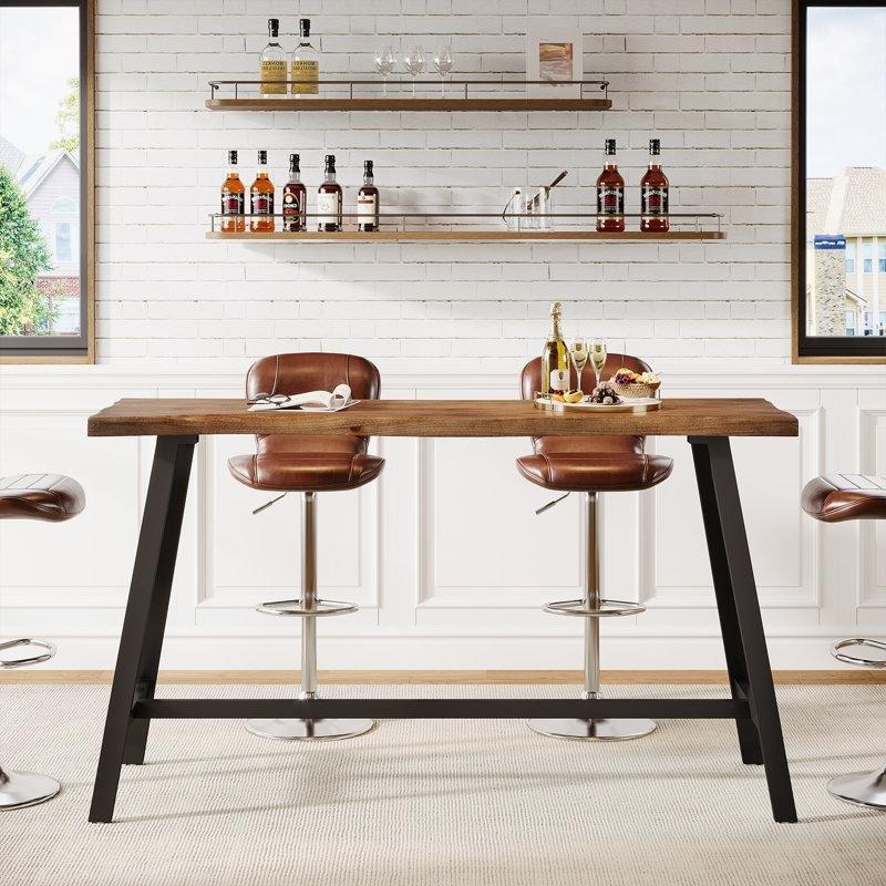 Kahverengi Masif Ahşap ve Siyah Metal İskeletli Endüstriyel Tasarım Bar Masası - 140 cm - 231884