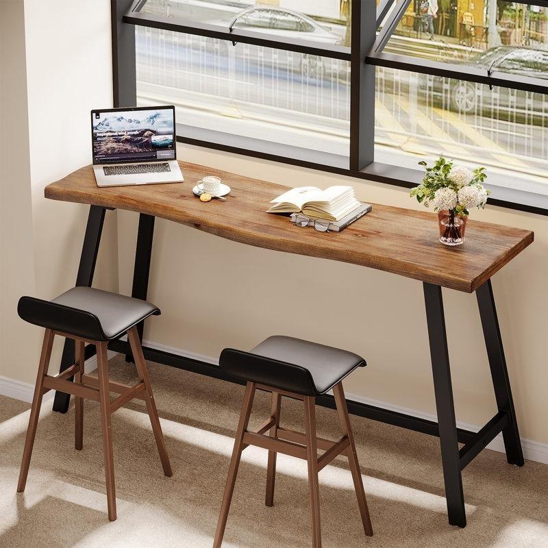 Kahverengi Masif Ahşap ve Siyah Metal İskeletli Endüstriyel Tasarım Bar Masası - 140 cm - 231884