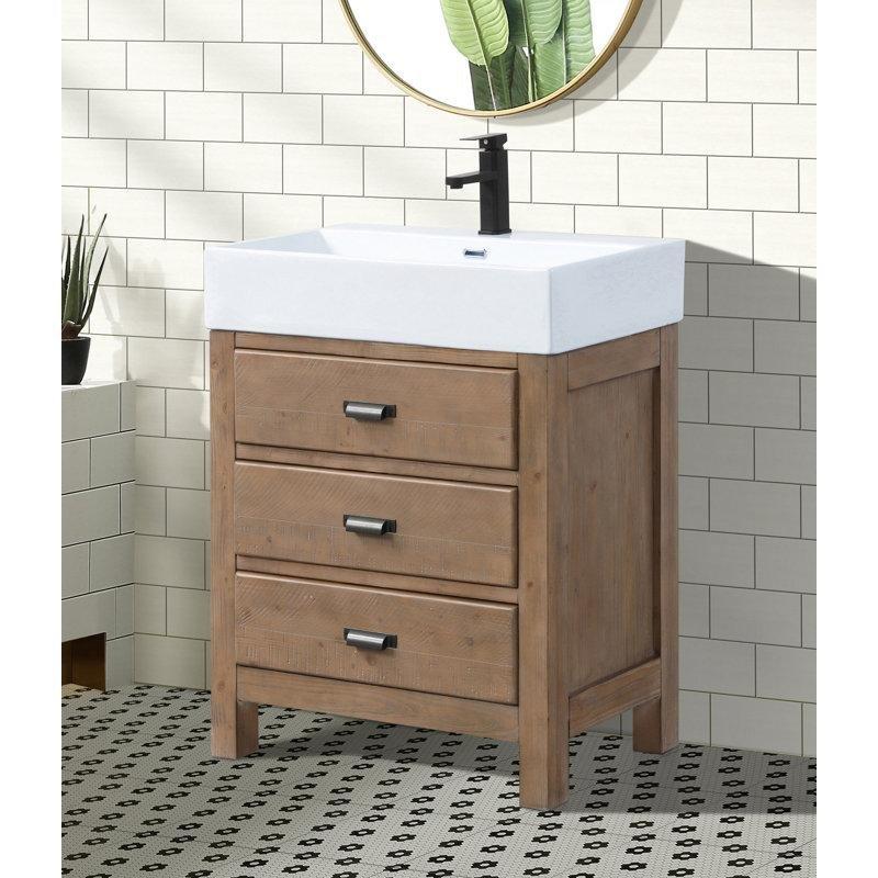 Kahverengi Masif Ahşap Yavaş Kapanır Çekmeceli Seramik Tezgahlı Banyo Lavabo Dolabı - 77 cm - 200455