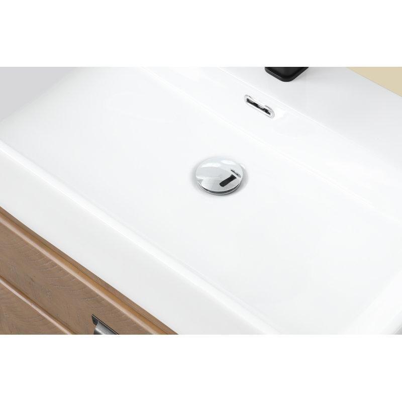 Kahverengi Masif Ahşap Yavaş Kapanır Çekmeceli Seramik Tezgahlı Banyo Lavabo Dolabı - 77 cm - 200455