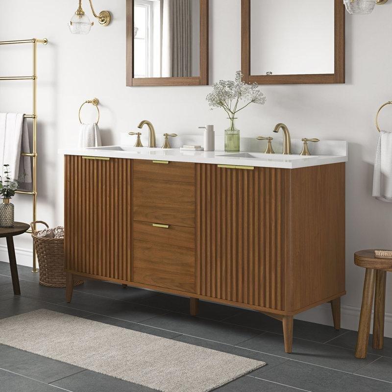 Kahverengi Masif Ahşap Yivli Çift Lavabolu Gold Kulplu Banyo Lavabo Dolabı - 153 cm - 200800