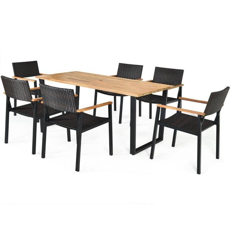 Kahverengi Masif Akasya Ağacı ve Rattan Şemsiye Delikli 6 Kişilik Bahçe Masa Takımı - 214825
