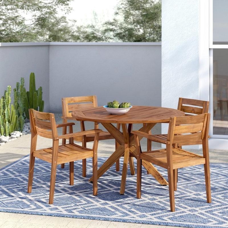 Kahverengi Masif Akasya Ağacı Yuvarlak 4 Kişilik Bahçe Masa Takımı - 121 cm - 216835