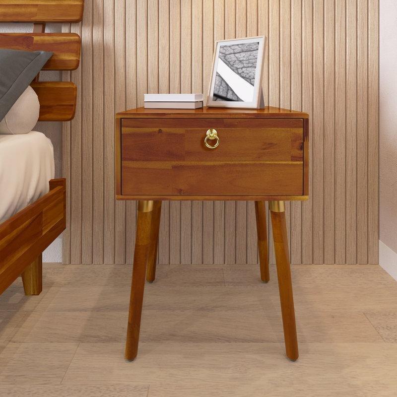 Kahverengi Masif Akasya Ahşap Tek Çekmeceli Gold Kulplu Komodin - 46x38 cm - 223301