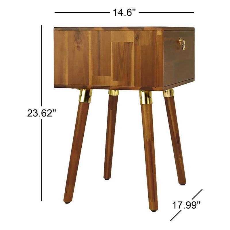 Kahverengi Masif Akasya Ahşap Tek Çekmeceli Gold Kulplu Komodin - 46x38 cm - 223301