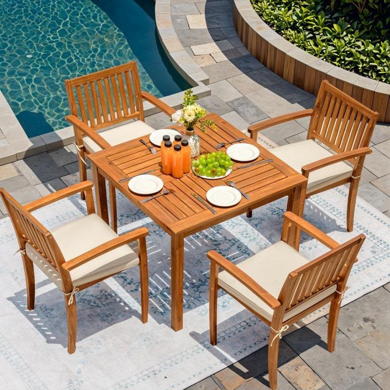 Kahverengi Masif Akasya Minderli 4 Kişilik Kare Bahçe Masa Takımı - 90x90 cm - 216376