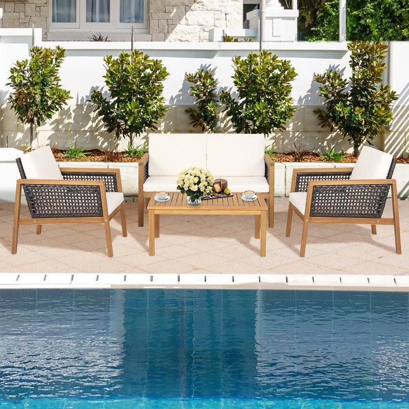 Kahverengi Masif Akasya ve Rattan 8 Kişilik Minderli Bahçe Takımı - 209426