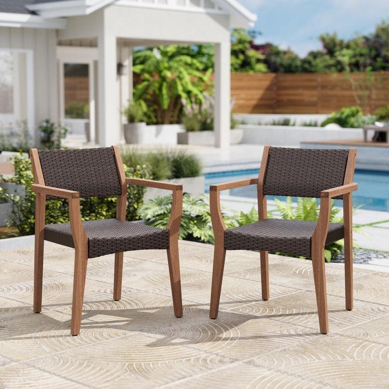 Kahverengi Masif Akasya ve Rattan İstiflenebilir Kollu Bahçe Sandalyesi - 2li Set - 173576