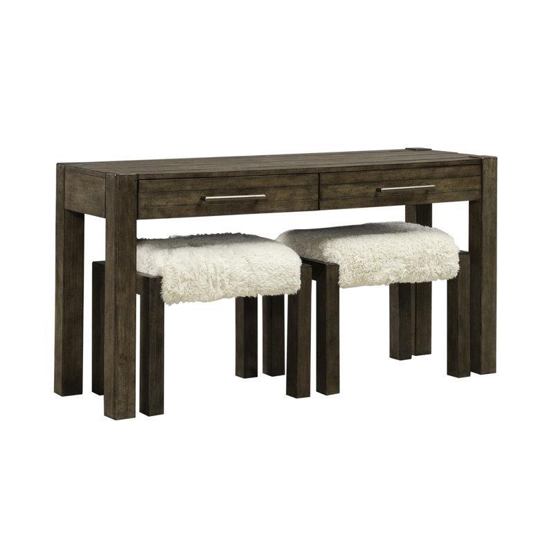 Kahverengi Masif Çam Ağacı 2 Çekmeceli ve 2 Tabureli Koltuk Arkası Dresuar Seti - 153x46 cm - 218274