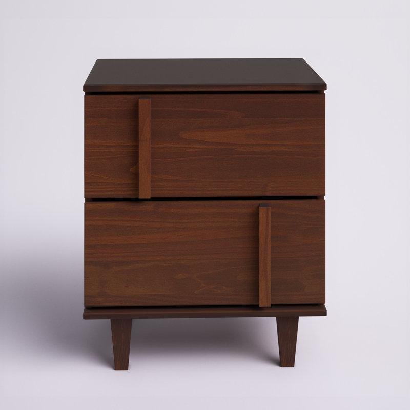 Kahverengi Masif Çam Ağacı İki Çekmeceli Asimetrik Kulplu Komodin - 61x51x38 cm - 222606
