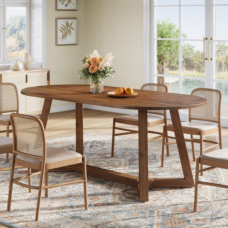 Kahverengi Masif Çam Ağacı Rustik Oval 6 Kişilik Bohem Yemek Masası - 161x81 cm - 238075