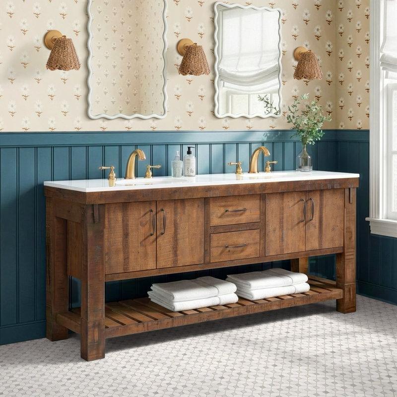 Kahverengi Masif Çam Ahşap Kuvars Tezgahlı Çift Lavabolu Banyo Lavabo Dolabı - 183 cm - 200356