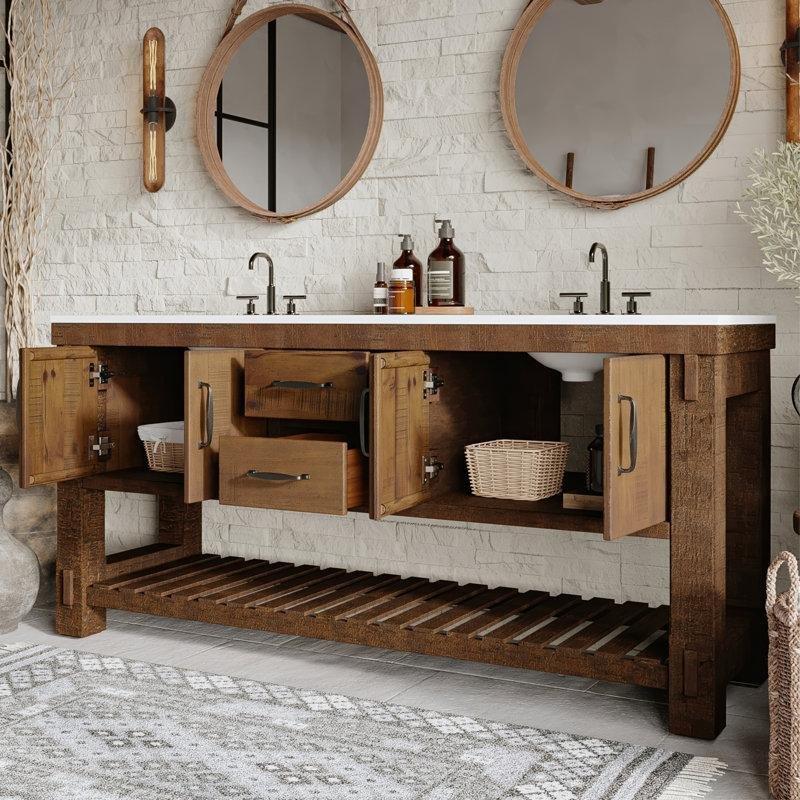 Kahverengi Masif Çam Ahşap Kuvars Tezgahlı Çift Lavabolu Banyo Lavabo Dolabı - 183 cm - 200356