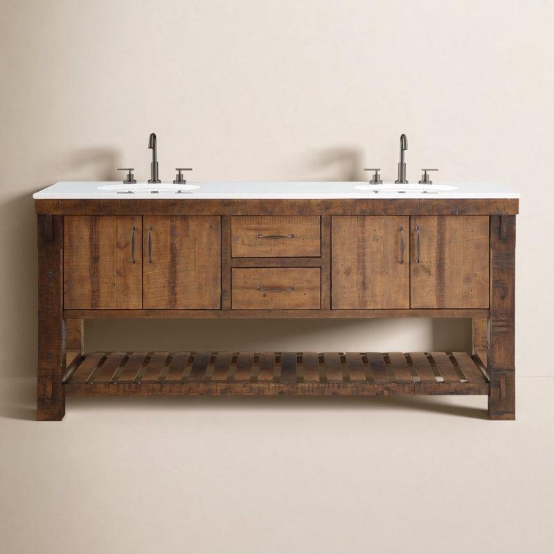 Kahverengi Masif Çam Ahşap Kuvars Tezgahlı Çift Lavabolu Banyo Lavabo Dolabı - 183 cm - 200356