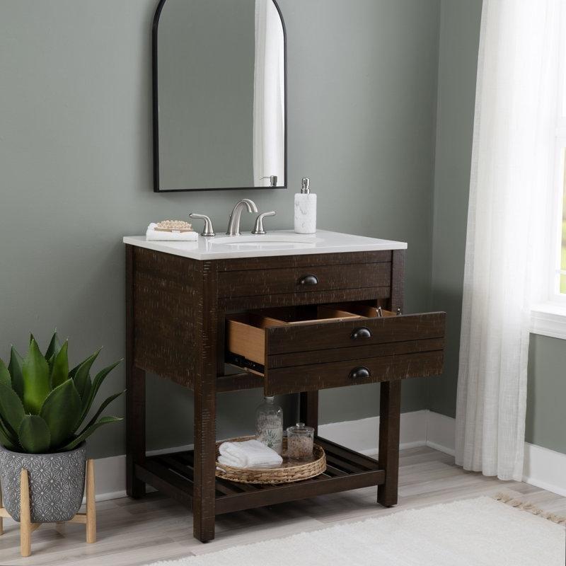 Kahverengi Masif Çam Ahşap Mermer Tezgahlı Çekmeceli Banyo Lavabo Dolabı - 80 cm - 200212