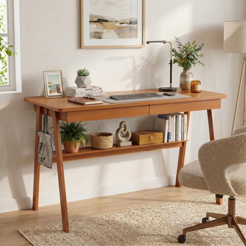 Kahverengi Masif Kauçuk Ağacı 2 Çekmeceli Raflı Vintage Çalışma Masası - 120x55 cm - 234899