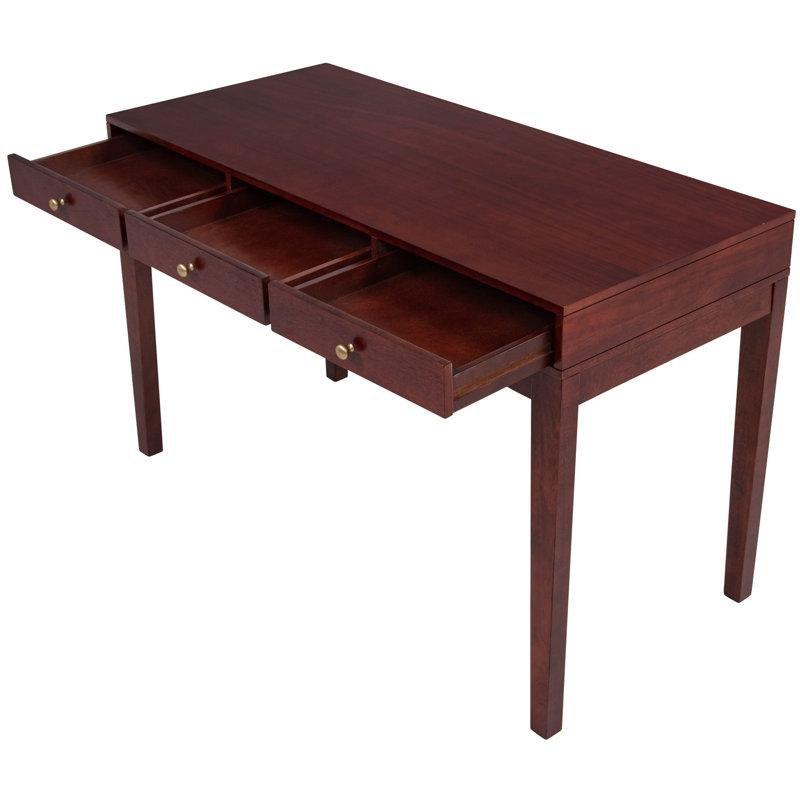 Kahverengi Masif Kauçuk Ağacı 3 Çekmeceli Pirinç Kulplu Vintage Çalışma Masası - 122x56 cm - 234485