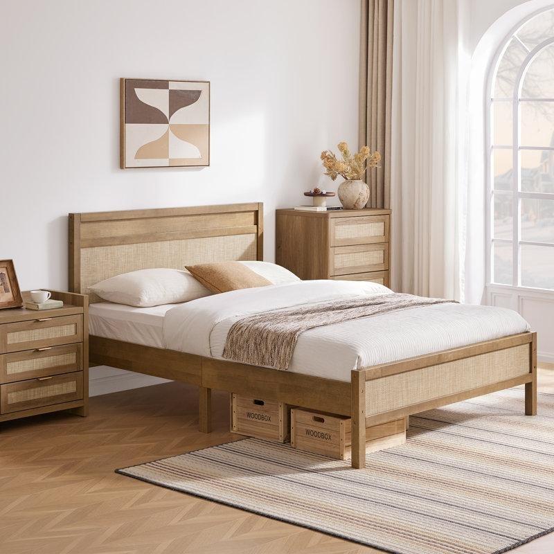 Kahverengi Masif Kauçuk Ağacı Rattan Başlıklı Bohem Karyola - 162x216 cm - 181966