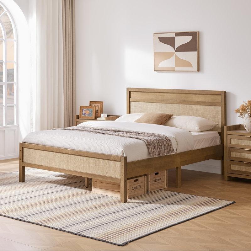 Kahverengi Masif Kauçuk Ağacı Rattan Başlıklı Bohem Karyola - 162x216 cm - 181966