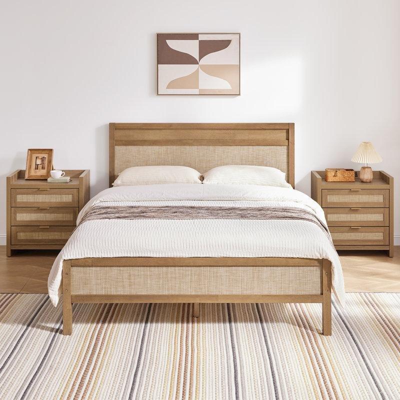 Kahverengi Masif Kauçuk Ağacı Rattan Başlıklı Bohem Karyola - 162x216 cm - 181966