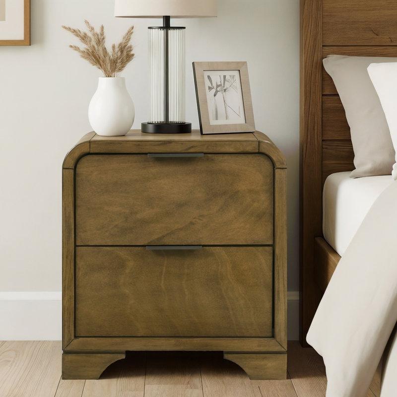 Kahverengi Masif Kauçuk Ağacı ve MDF Kavisli Kenarlı İki Çekmeceli Komodin - 66x62x42 cm - 224278