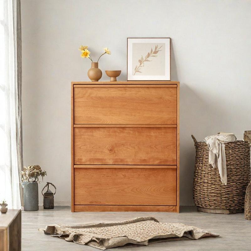 Kahverengi Masif Kiraz Ağacı Düşer Kapaklı 24 Çift Kapasiteli Ayakkabılık - 80x30x115 cm - 227015