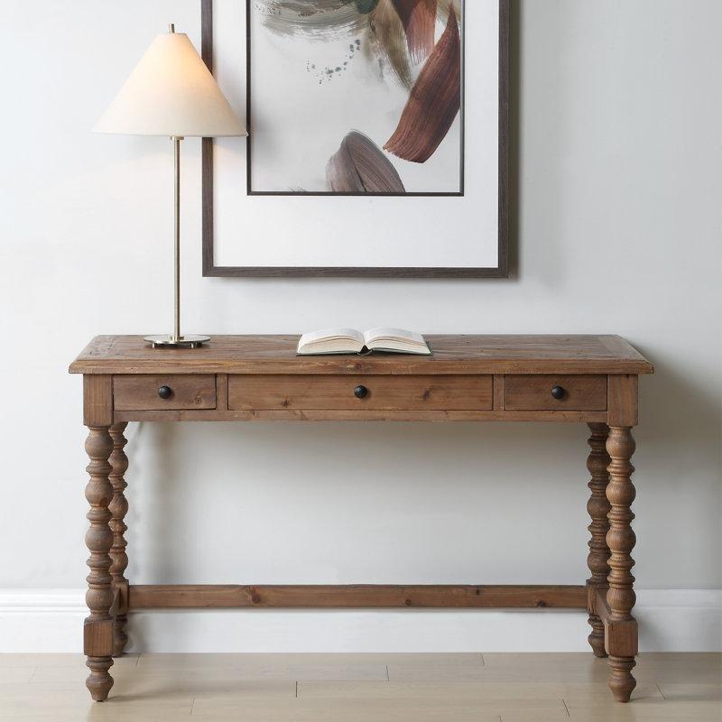 Kahverengi Masif Köknar Ağacı 3 Çekmeceli El Oyması Vintage Çalışma Masası - 127x54 cm - 234807