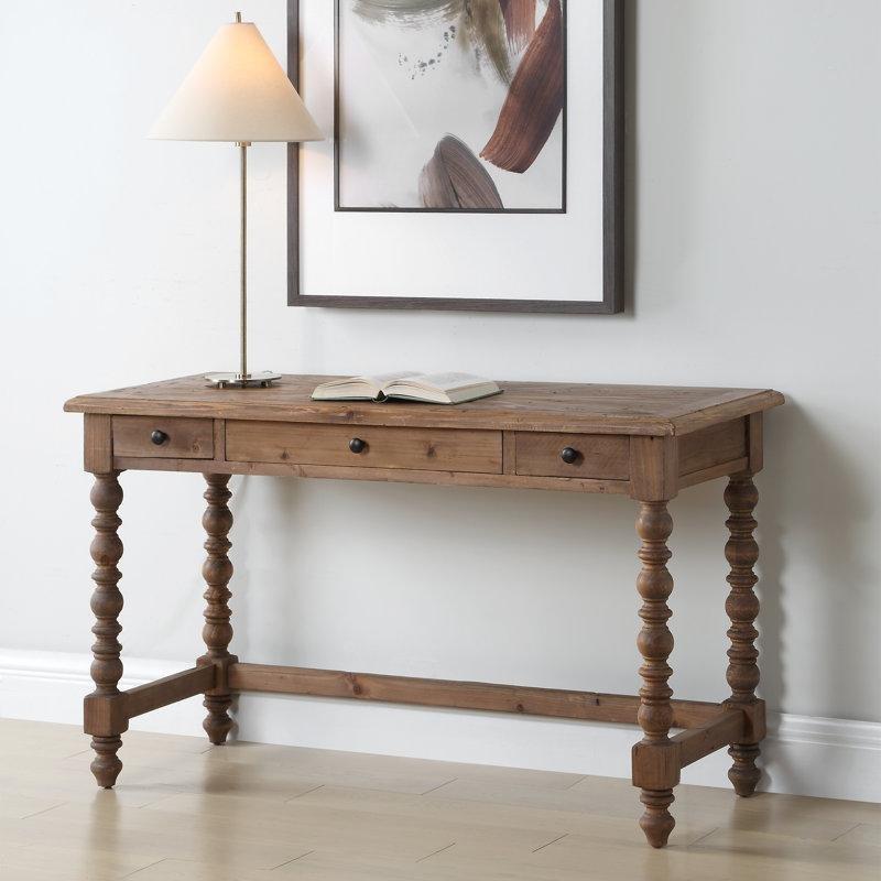 Kahverengi Masif Köknar Ağacı 3 Çekmeceli El Oyması Vintage Çalışma Masası - 127x54 cm - 234807