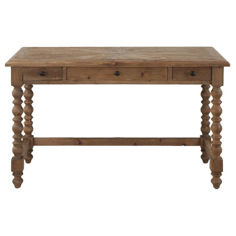 Kahverengi Masif Köknar Ağacı 3 Çekmeceli El Oyması Vintage Çalışma Masası - 127x54 cm - 234807