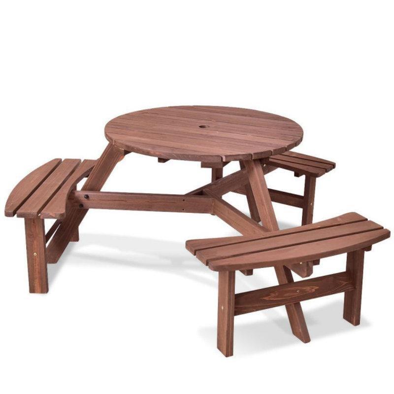 Kahverengi Masif Köknar Ağacı Yuvarlak 6 Kişilik Şemsiye Delikli Piknik Masası - 89 cm - 171920