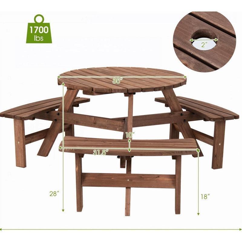 Kahverengi Masif Köknar Ağacı Yuvarlak 6 Kişilik Şemsiye Delikli Piknik Masası - 89 cm - 171920