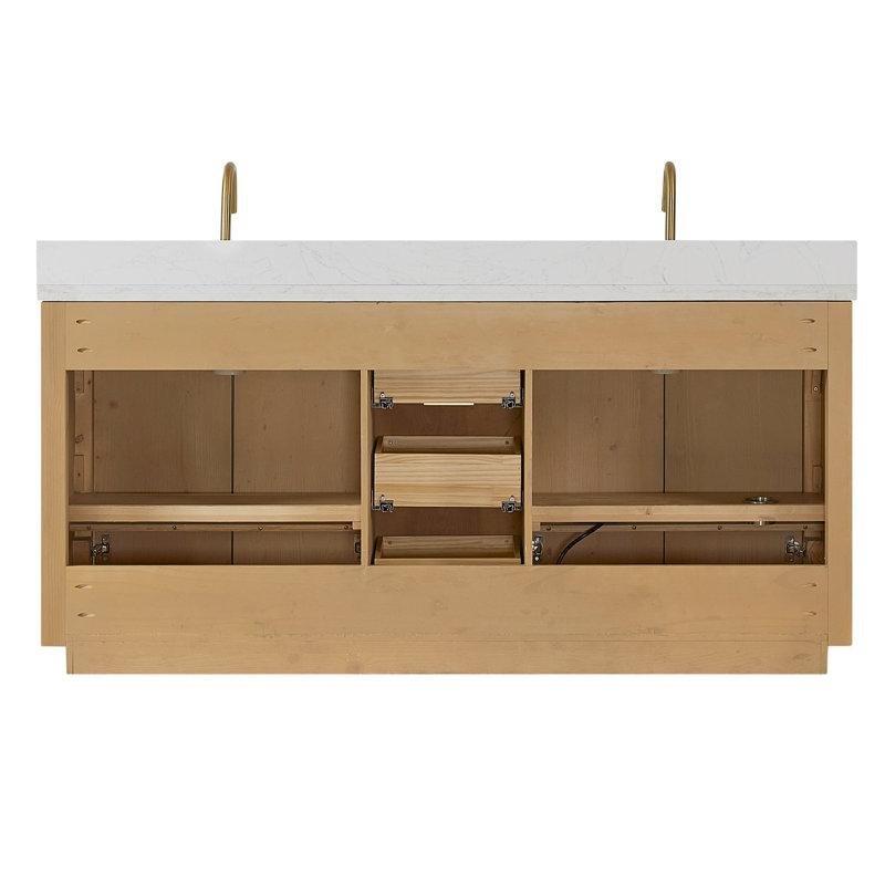Kahverengi Masif Köknar Ahşap Endüstriyel Taş Tezgahlı İkili Lavabolu Banyo Dolabı - 183 cm - 198485
