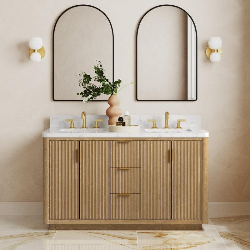 Kahverengi Masif Köknar Ahşap Kültür Mermeri Tezgahlı Çift Lavabolu Banyo Dolabı - 153 cm - 201355