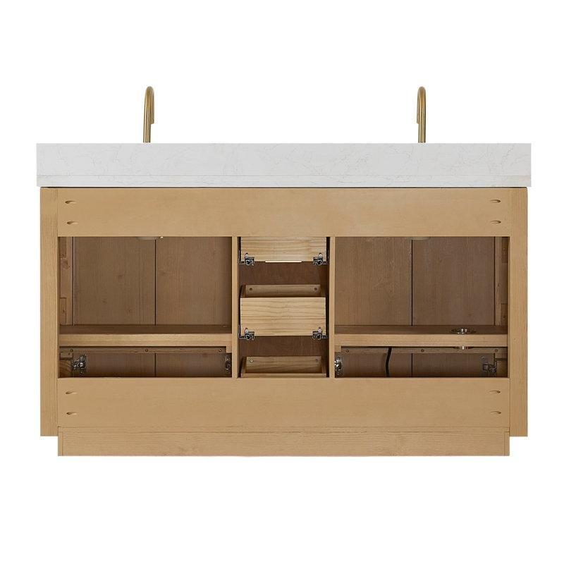 Kahverengi Masif Köknar Ahşap Kültür Mermeri Tezgahlı Çift Lavabolu Banyo Dolabı - 153 cm - 201355
