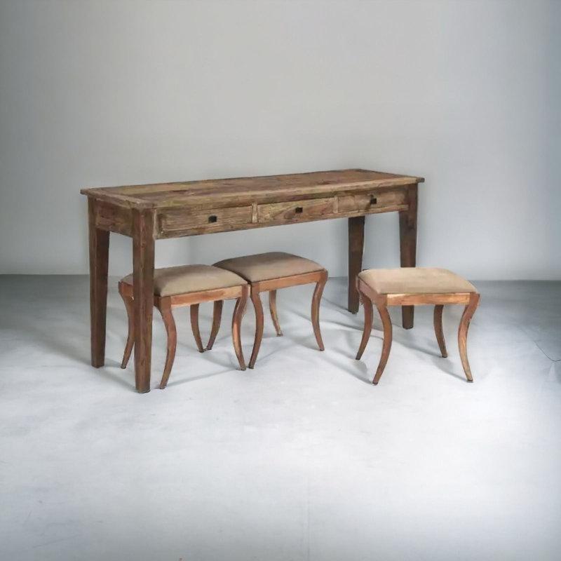 Kahverengi Masif Mango Ağacı 3 Çekmeceli ve 3 Tabureli Eskitme Koltuk Arkası Dresuar - 194x56 cm - 217785