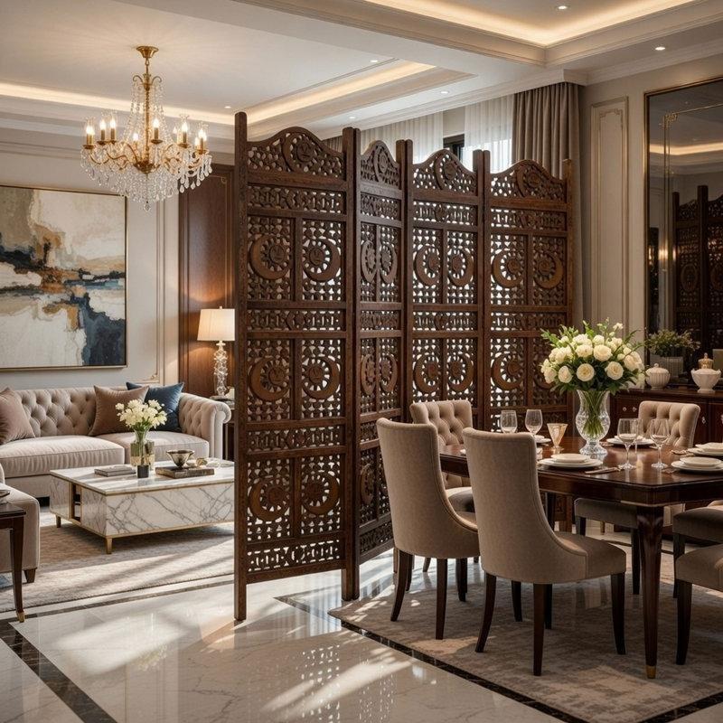 Kahverengi Masif Mango Ağacı El Oyması Güneş ve Ay Desenli 4 Panelli Katlanır Paravan - 204x181 cm - 184520