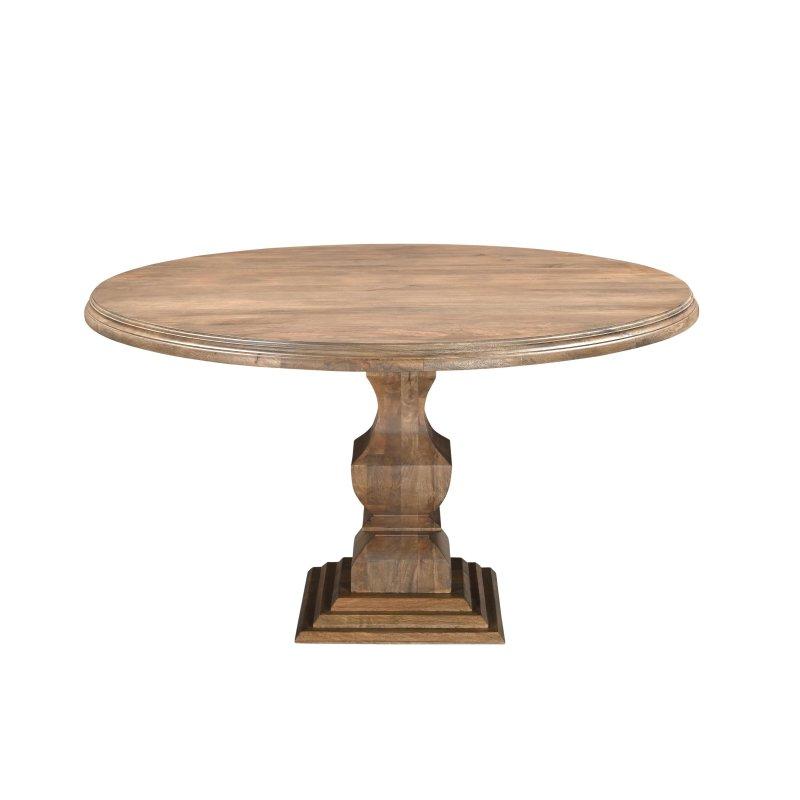 Kahverengi Masif Mango Ağacı Oymalı Kaide Ayaklı Yuvarlak Bohem Yemek Masası - 138 cm - 238194