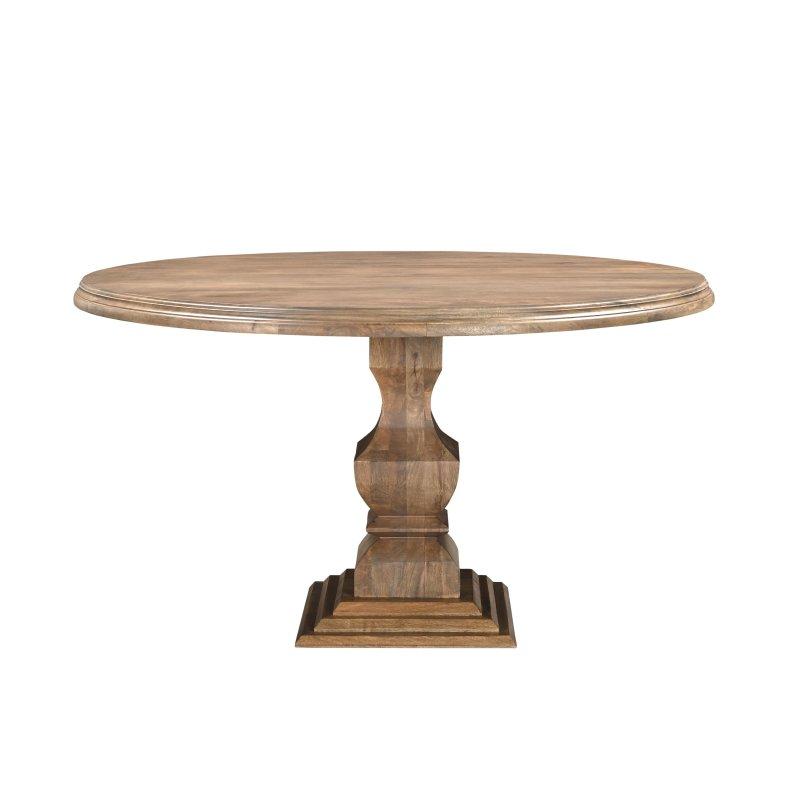 Kahverengi Masif Mango Ağacı Oymalı Kaide Ayaklı Yuvarlak Bohem Yemek Masası - 138 cm - 238194