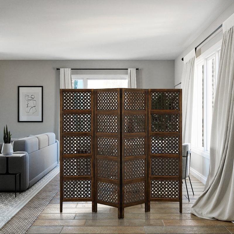 Kahverengi Masif Mango Ağacı ve MDF Yuvarlak Kesim Desenli 4 Panelli Katlanır Paravan - 204x183 cm - 184527