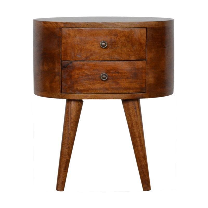 Kahverengi Masif Mango Ahşap 2 Çekmeceli Oval İskandinav Tarzı Komodin - 45x35 cm - 224103