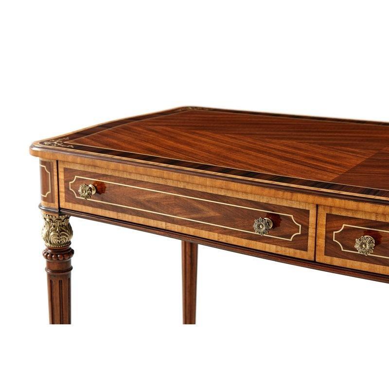 Kahverengi Masif Maun Ahşap Pirinç Kakmalı İki Çekmeceli Vintage Çalışma Masası - 117 cm - 234389